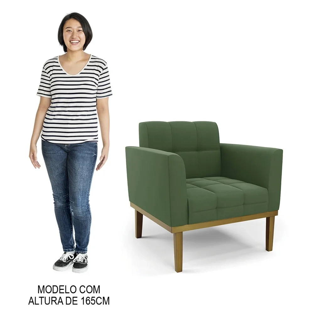 Sofá Namoradeira e 1 Poltrona Base Madeira Castanho Ana Suede Verde - Ibiza
