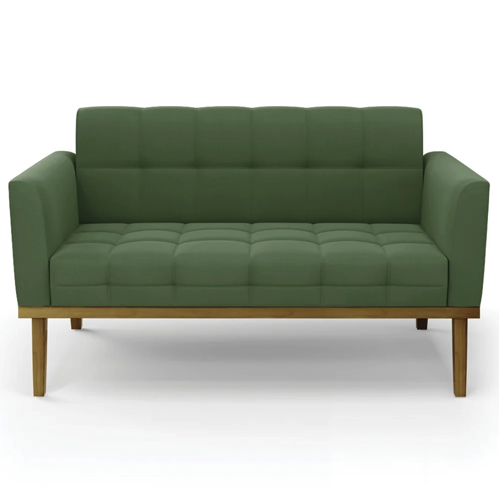 Sofá Namoradeira e 1 Poltrona Base Madeira Castanho Ana Suede Verde - Ibiza
