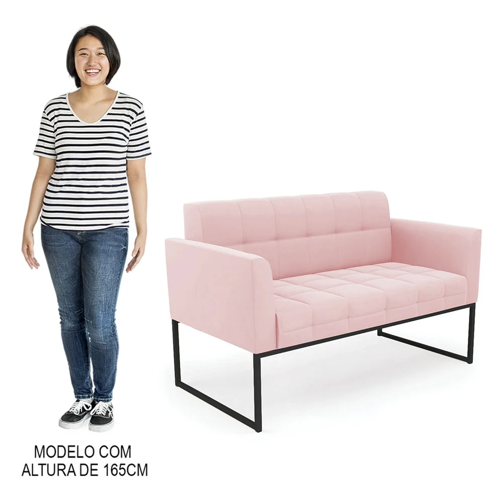 Sofá Namoradeira e 1 Poltrona Base Industrial Preto Ana Suede Rosa Bebê - Ibiza
