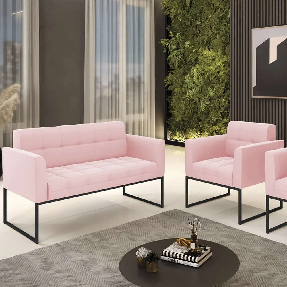 Sofá Namoradeira e 1 Poltrona Base Industrial Preto Ana Suede Rosa Bebê - Ibiza
