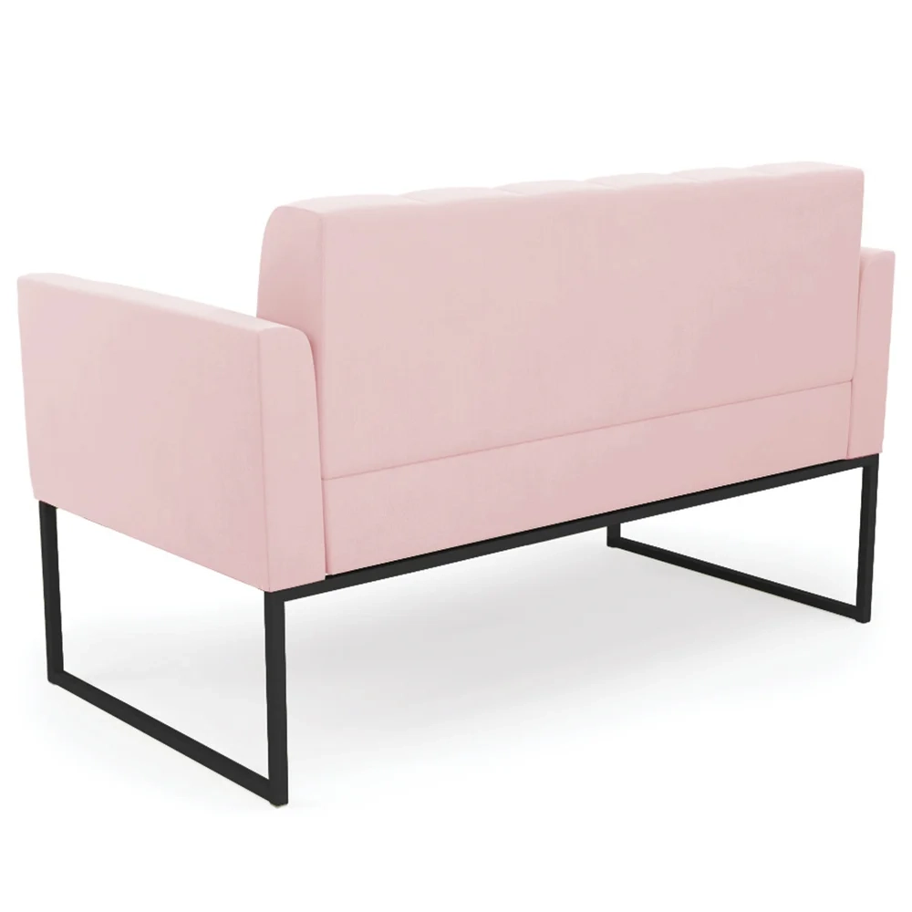 Sofá Namoradeira e 1 Poltrona Base Industrial Preto Ana Suede Rosa Bebê - Ibiza