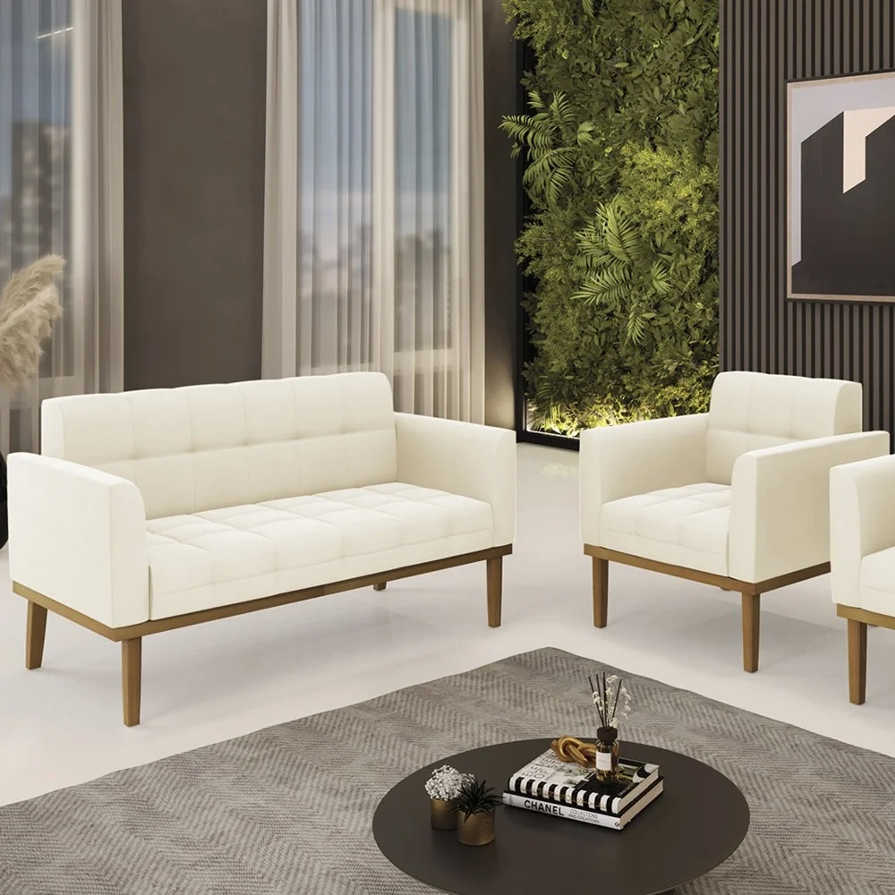 Sofá Namoradeira e 1 Poltrona Base Madeira Castanho Ana Veludo Bege - Ibiza