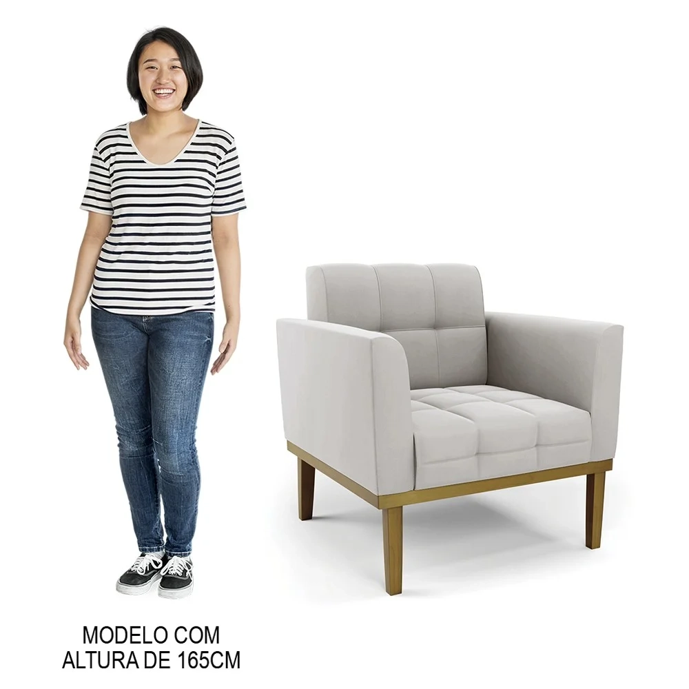 Sofá Namoradeira e 1 Poltrona Base Madeira Castanho Ana Veludo Cinza - Ibiza