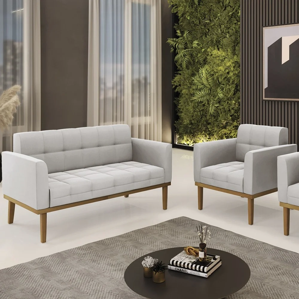 Sofá Namoradeira e 1 Poltrona Base Madeira Castanho Ana Veludo Cinza - Ibiza