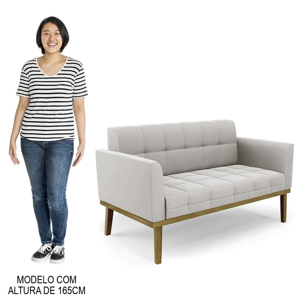 Sofá Namoradeira e 1 Poltrona Base Madeira Castanho Ana Veludo Cinza - Ibiza