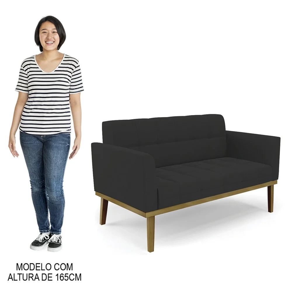 Sofá Namoradeira e 1 Poltrona Base Madeira Castanho Ana Veludo Preto - Ibiza