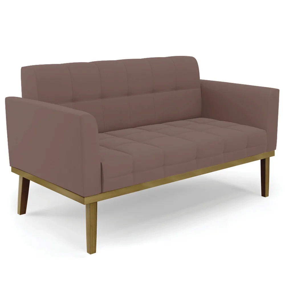 Sofá Namoradeira e 1 Poltrona Base Madeira Castanho Ana Veludo Rosê - Ibiza