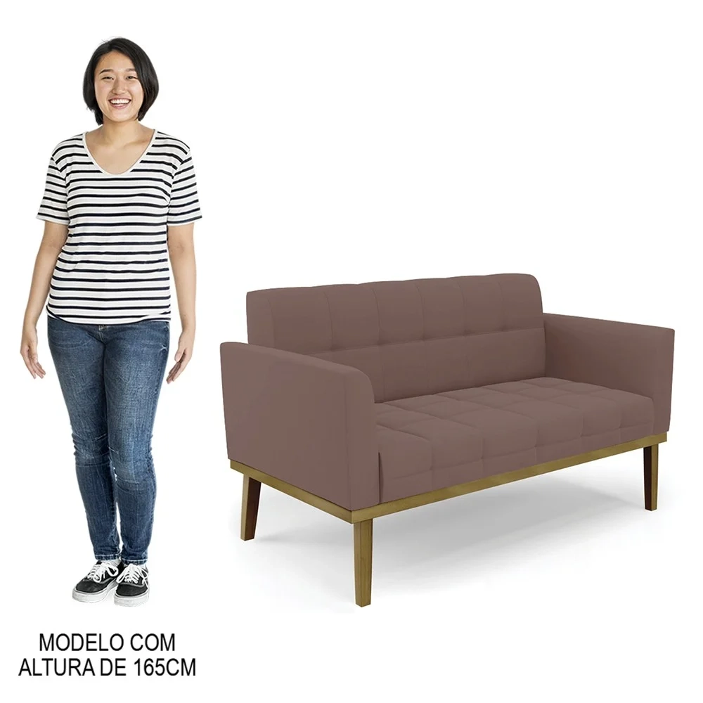 Sofá Namoradeira e 1 Poltrona Base Madeira Castanho Ana Veludo Rosê - Ibiza