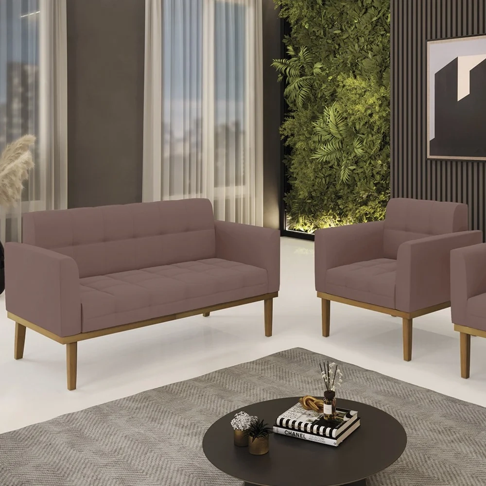 Sofá Namoradeira e 1 Poltrona Base Madeira Castanho Ana Veludo Rosê - Ibiza