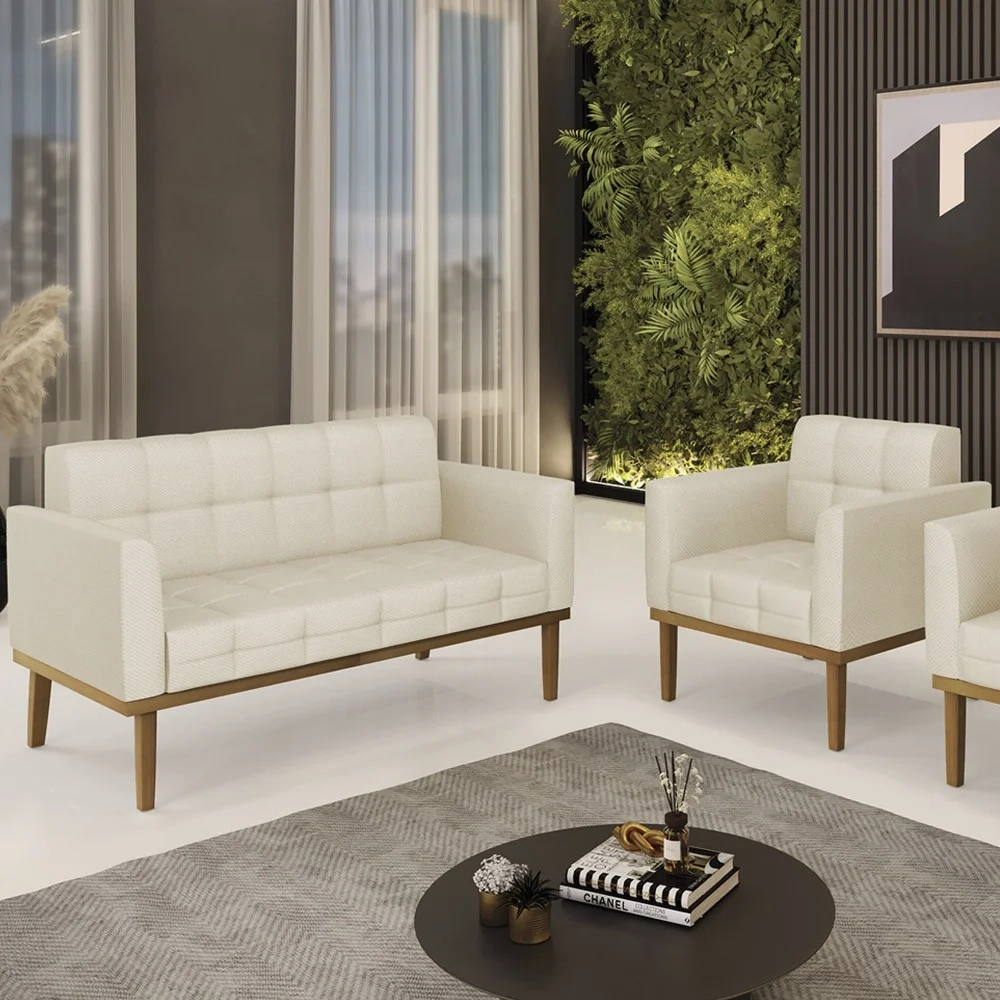 Sofá Namoradeira e 1 Poltrona Base Madeira Castanho Ana Veludo Luxo Off White - Ibiza