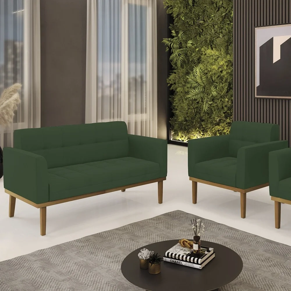 Sofá Namoradeira e 1 Poltrona Base Madeira Castanho Ana Veludo Verde - Ibiza