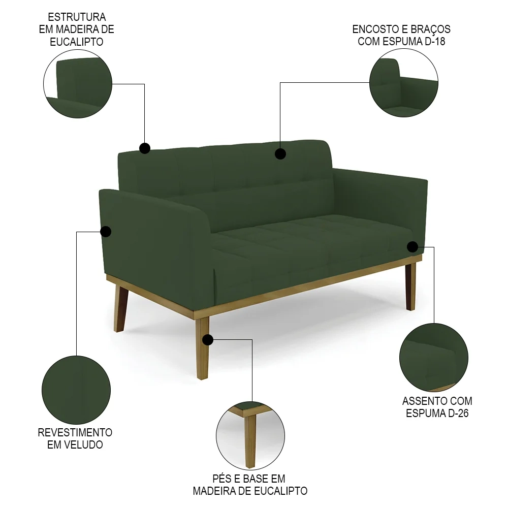 Sofá Namoradeira e 1 Poltrona Base Madeira Castanho Ana Veludo Verde - Ibiza
