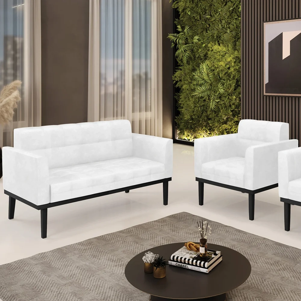 Sofá Namoradeira e 1 Poltrona Base Madeira Preto Ana Sintético PU Branco - Ibiza