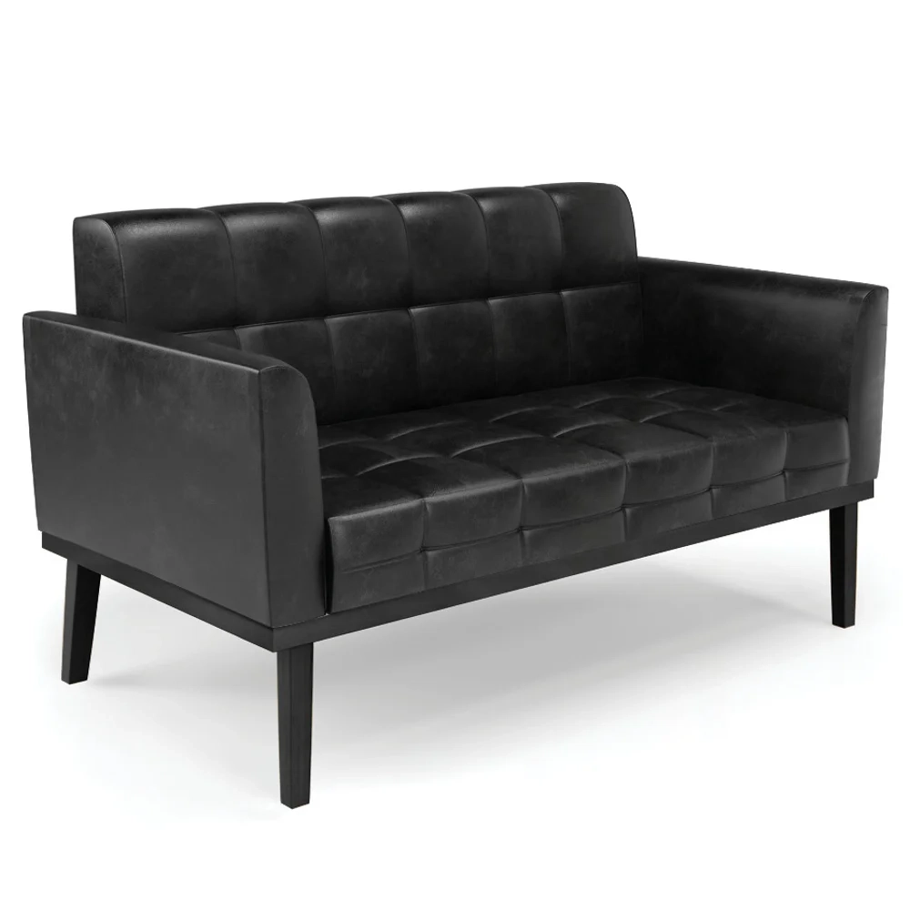 Sofá Namoradeira e 1 Poltrona Base Madeira Preto Ana Sintético PU Preto - Ibiza