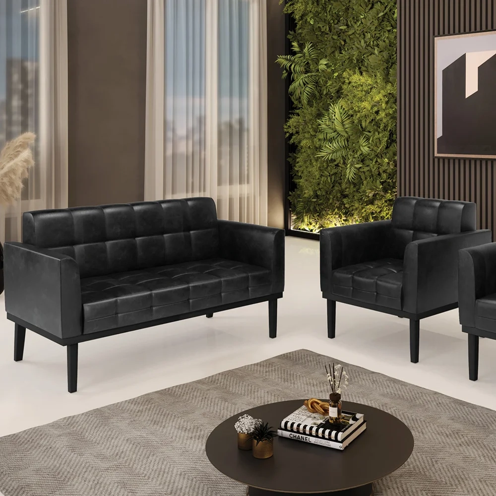 Sofá Namoradeira e 1 Poltrona Base Madeira Preto Ana Sintético PU Preto - Ibiza