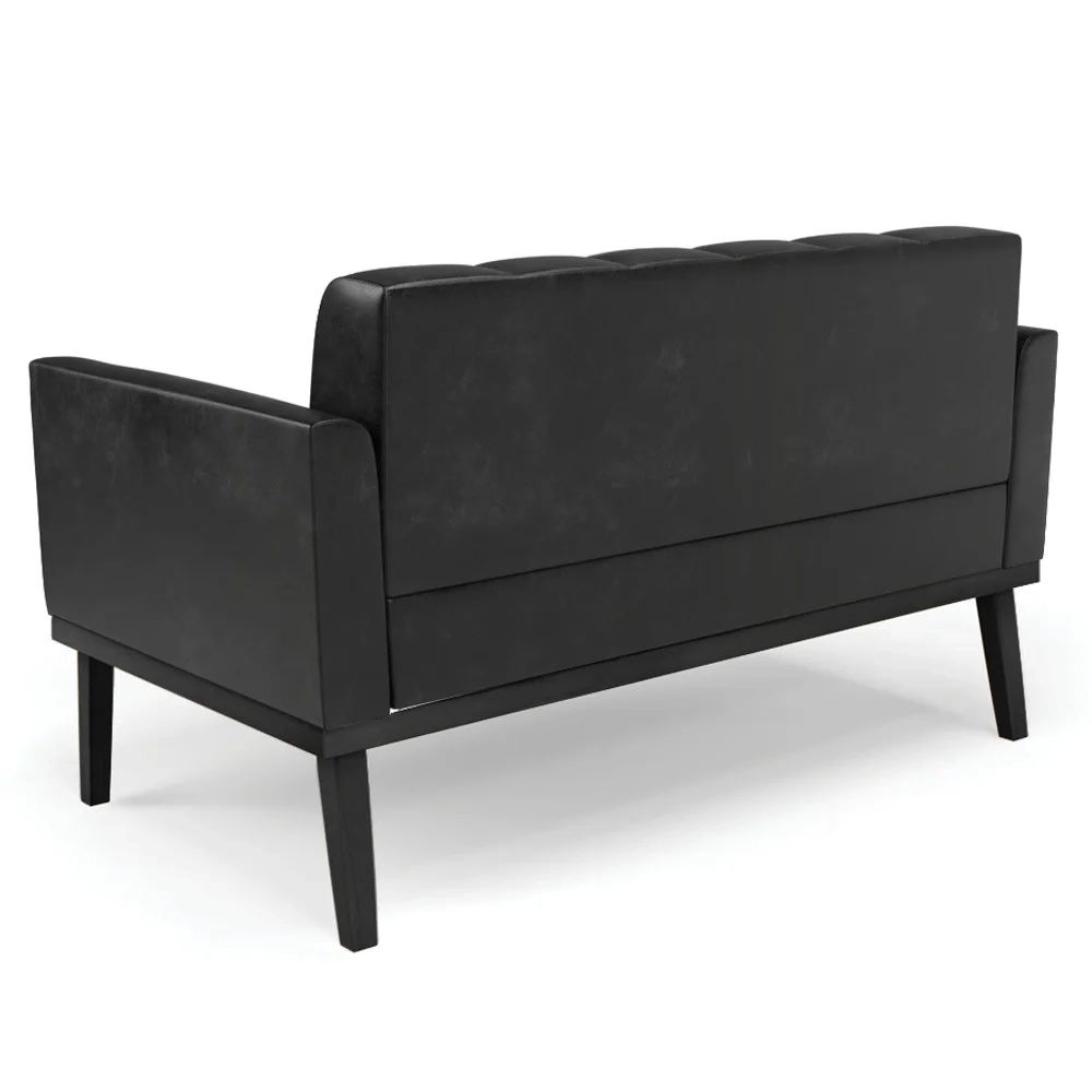 Sofá Namoradeira e 1 Poltrona Base Madeira Preto Ana Sintético PU Preto - Ibiza