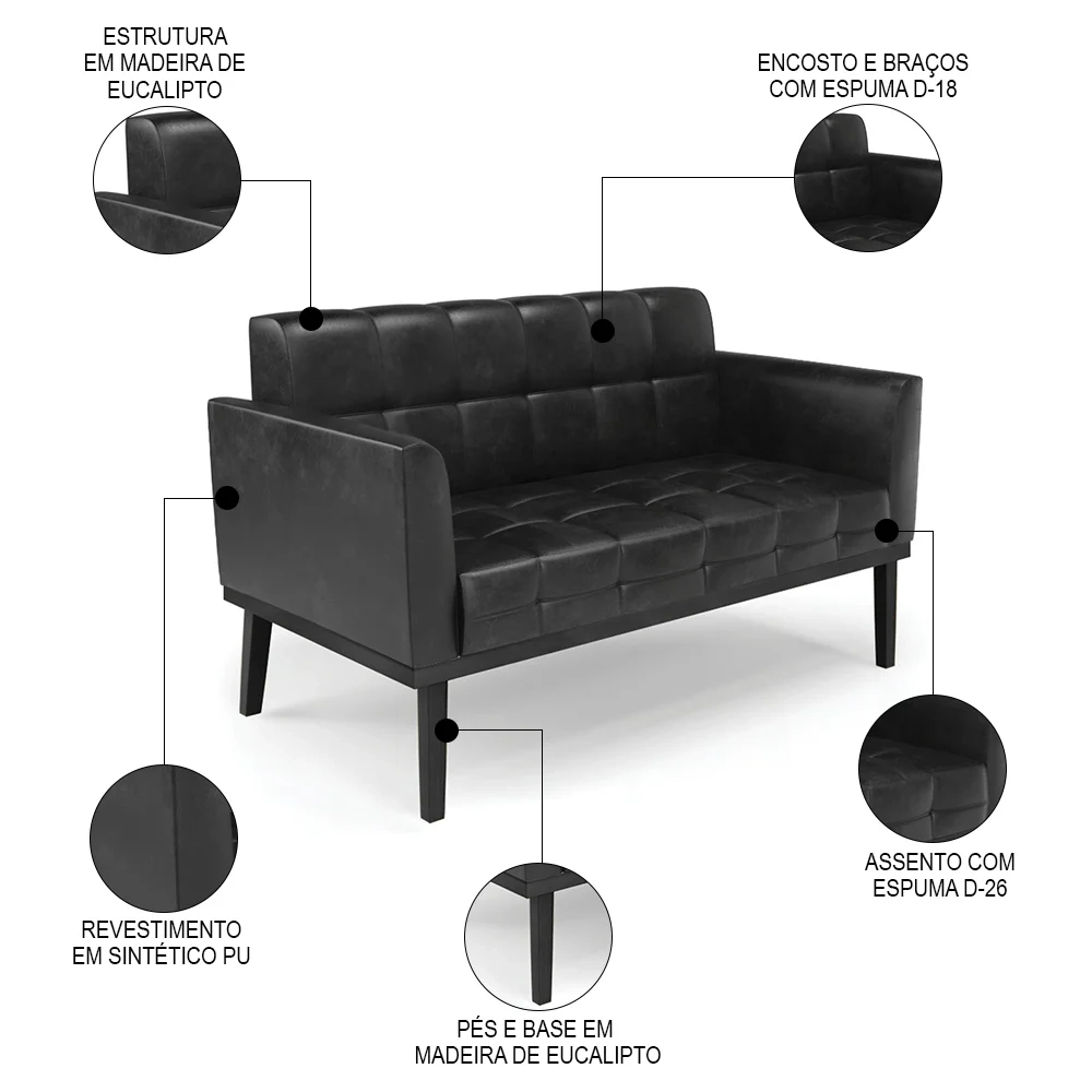 Sofá Namoradeira e 1 Poltrona Base Madeira Preto Ana Sintético PU Preto - Ibiza