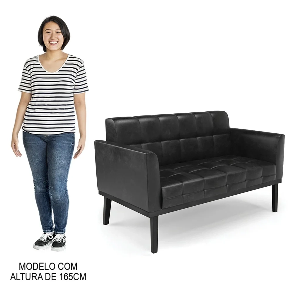 Sofá Namoradeira e 1 Poltrona Base Madeira Preto Ana Sintético PU Preto - Ibiza