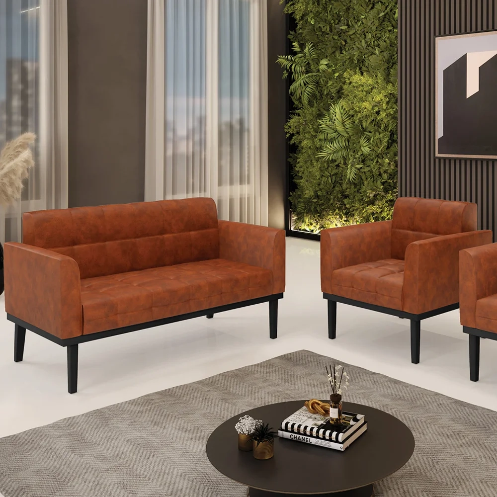 Sofá Namoradeira e 1 Poltrona Base Madeira Preto Ana Sintético PU Nozes - Ibiza