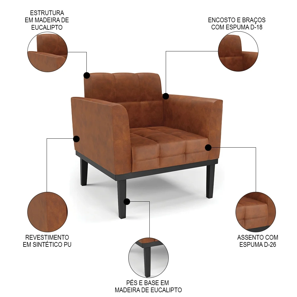 Sofá Namoradeira e 1 Poltrona Base Madeira Preto Ana Sintético PU Nozes - Ibiza