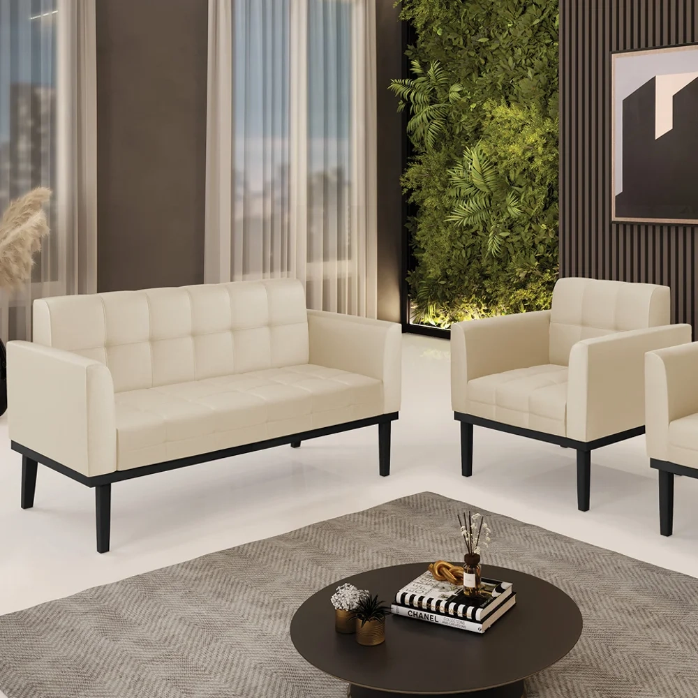 Sofá Namoradeira e 1 Poltrona Base Madeira Preto Ana Sintético Bege - Ibiza