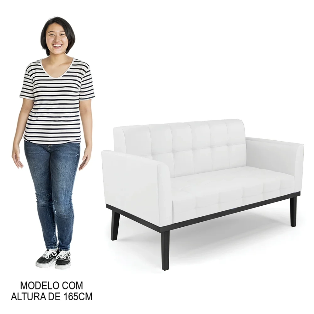 Sofá Namoradeira e 1 Poltrona Base Madeira Preto Ana Sintético Branco - Ibiza