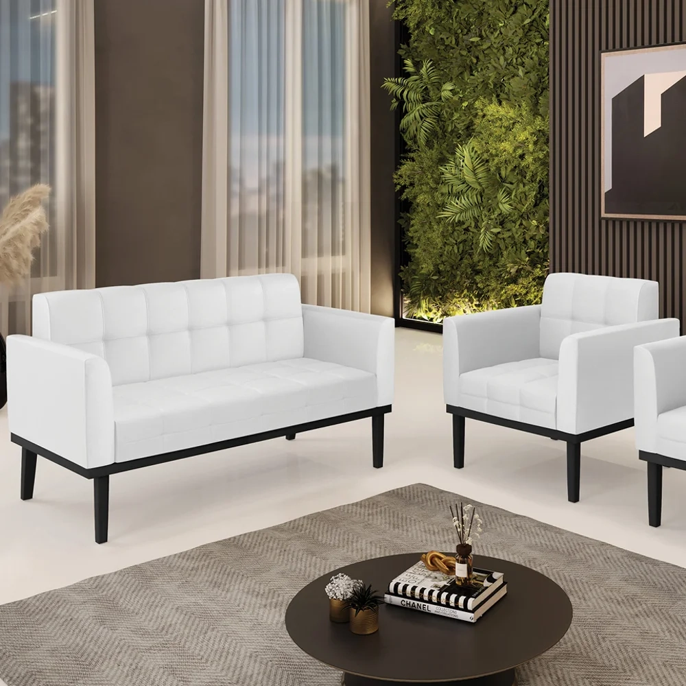 Sofá Namoradeira e 1 Poltrona Base Madeira Preto Ana Sintético Branco - Ibiza