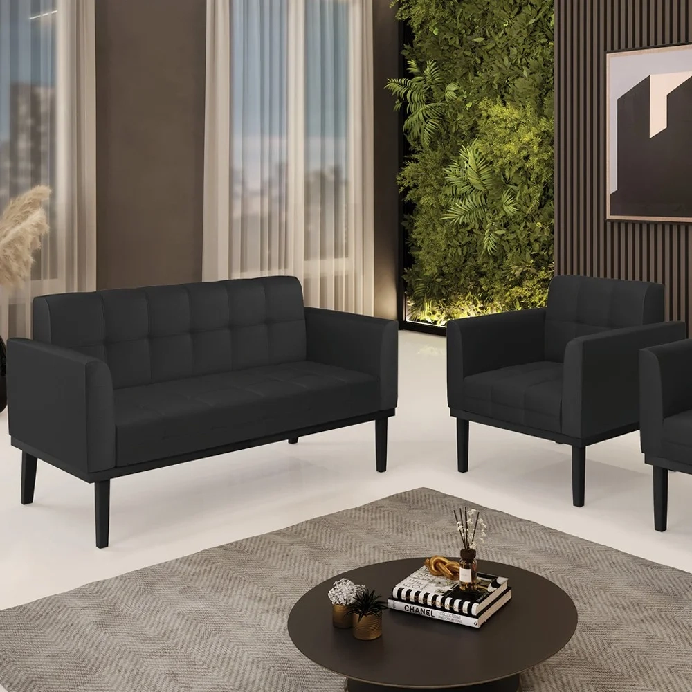 Sofá Namoradeira e 1 Poltrona Base Madeira Preto Ana Sintético Preto - Ibiza