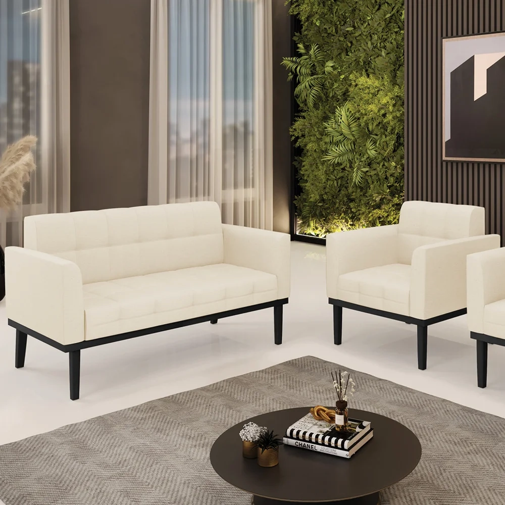 Sofá Namoradeira e 1 Poltrona Base Madeira Preto Ana Linho Bege - Ibiza