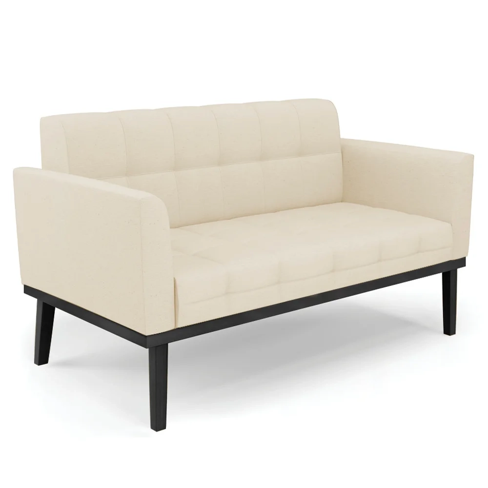 Sofá Namoradeira e 1 Poltrona Base Madeira Preto Ana Linho Bege - Ibiza