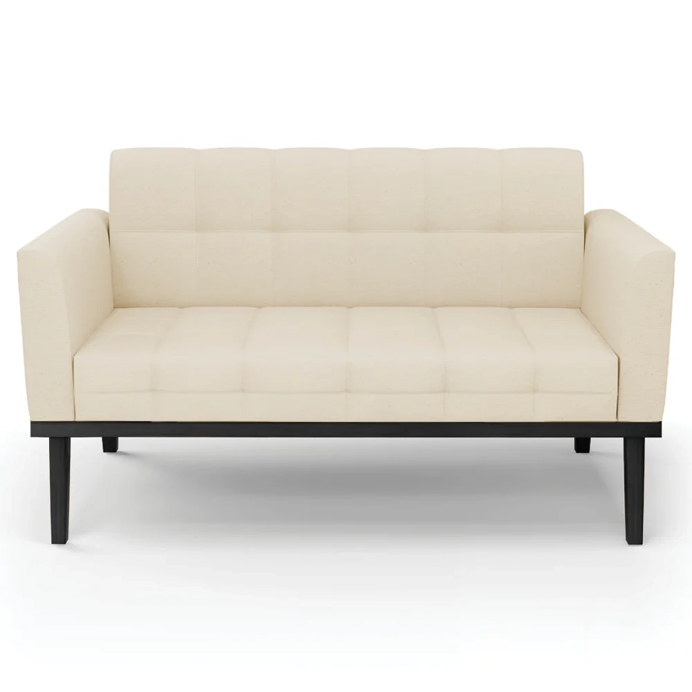 Sofá Namoradeira e 1 Poltrona Base Madeira Preto Ana Linho Bege - Ibiza