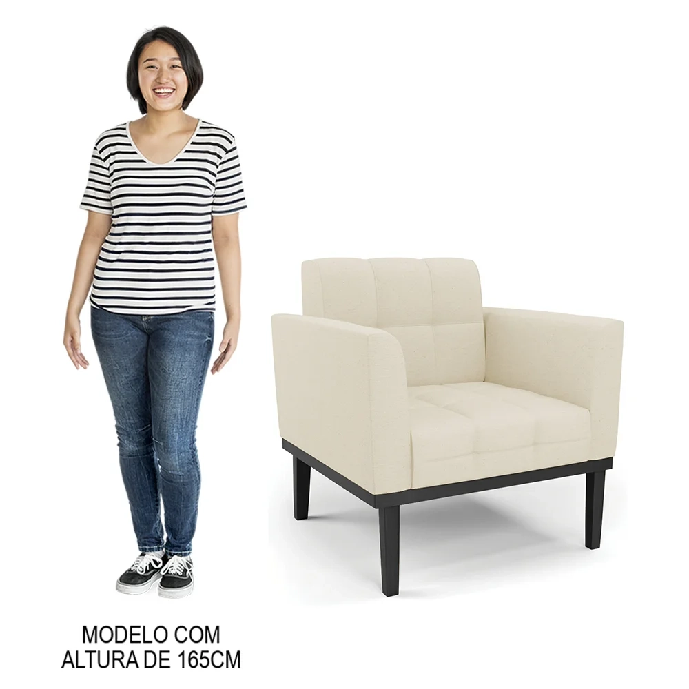 Sofá Namoradeira e 1 Poltrona Base Madeira Preto Ana Linho Bege - Ibiza