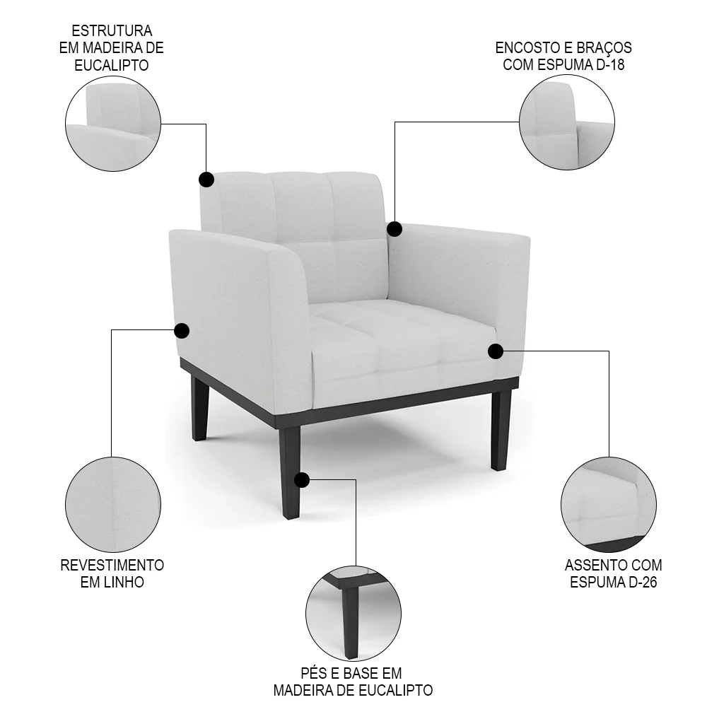 Sofá Namoradeira e 1 Poltrona Base Madeira Preto Ana Linho Cinza - Ibiza