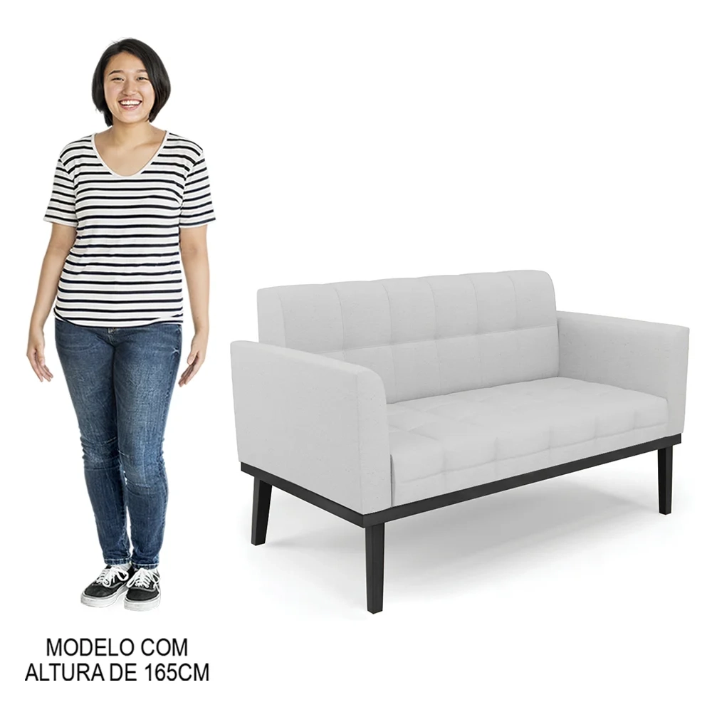 Sofá Namoradeira e 1 Poltrona Base Madeira Preto Ana Linho Cinza - Ibiza