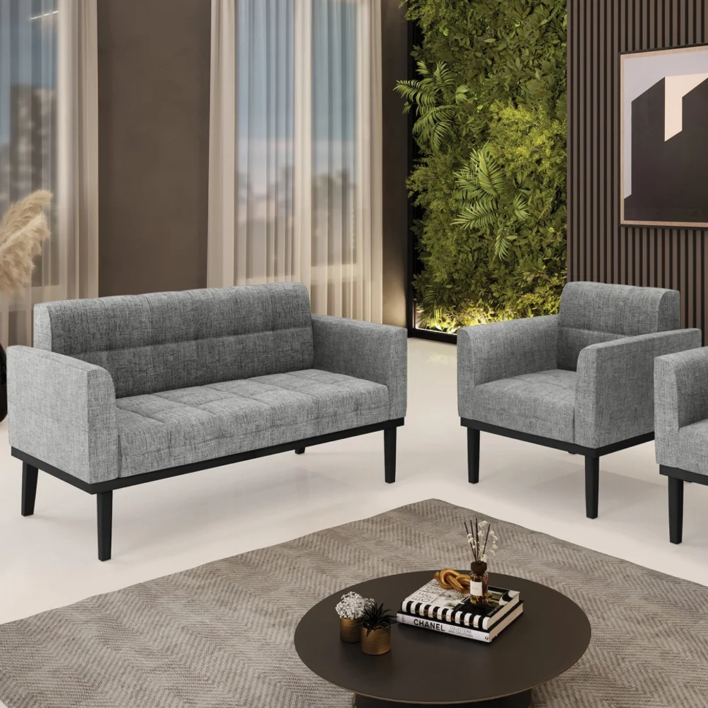 Sofá Namoradeira e 1 Poltrona Base Madeira Preto Ana Linho Grafite - Ibiza