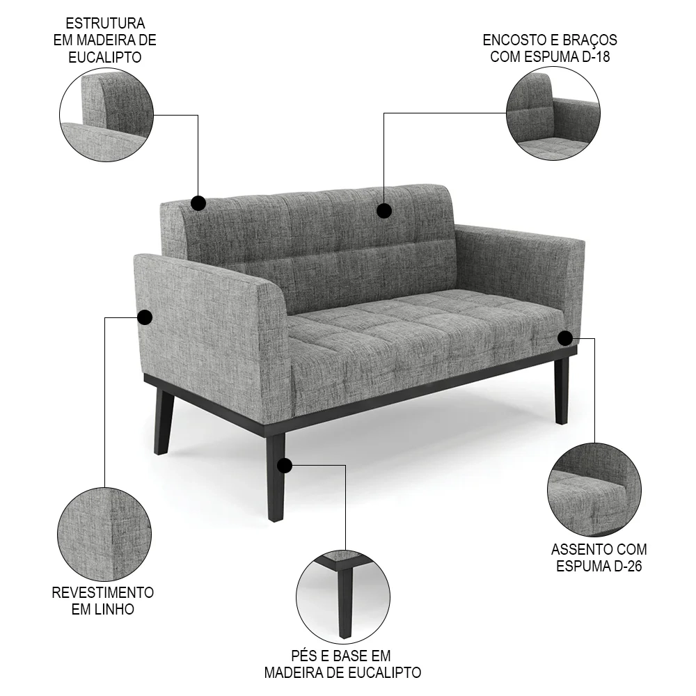 Sofá Namoradeira e 1 Poltrona Base Madeira Preto Ana Linho Grafite - Ibiza