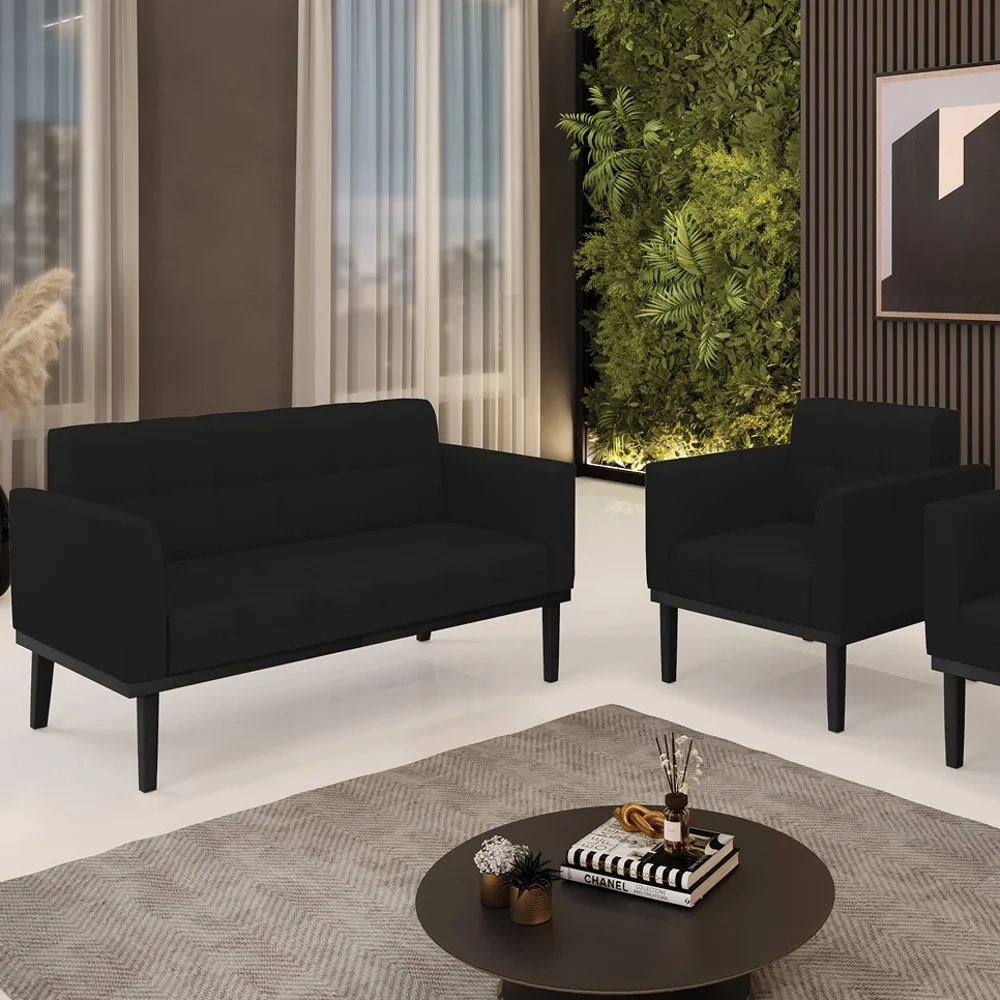 Sofá Namoradeira e 1 Poltrona Base Madeira Preto Ana Linho Preto - Ibiza