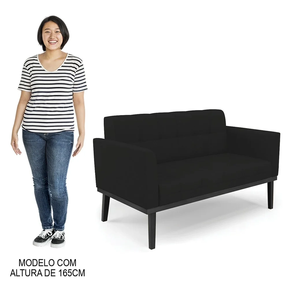 Sofá Namoradeira e 1 Poltrona Base Madeira Preto Ana Linho Preto - Ibiza