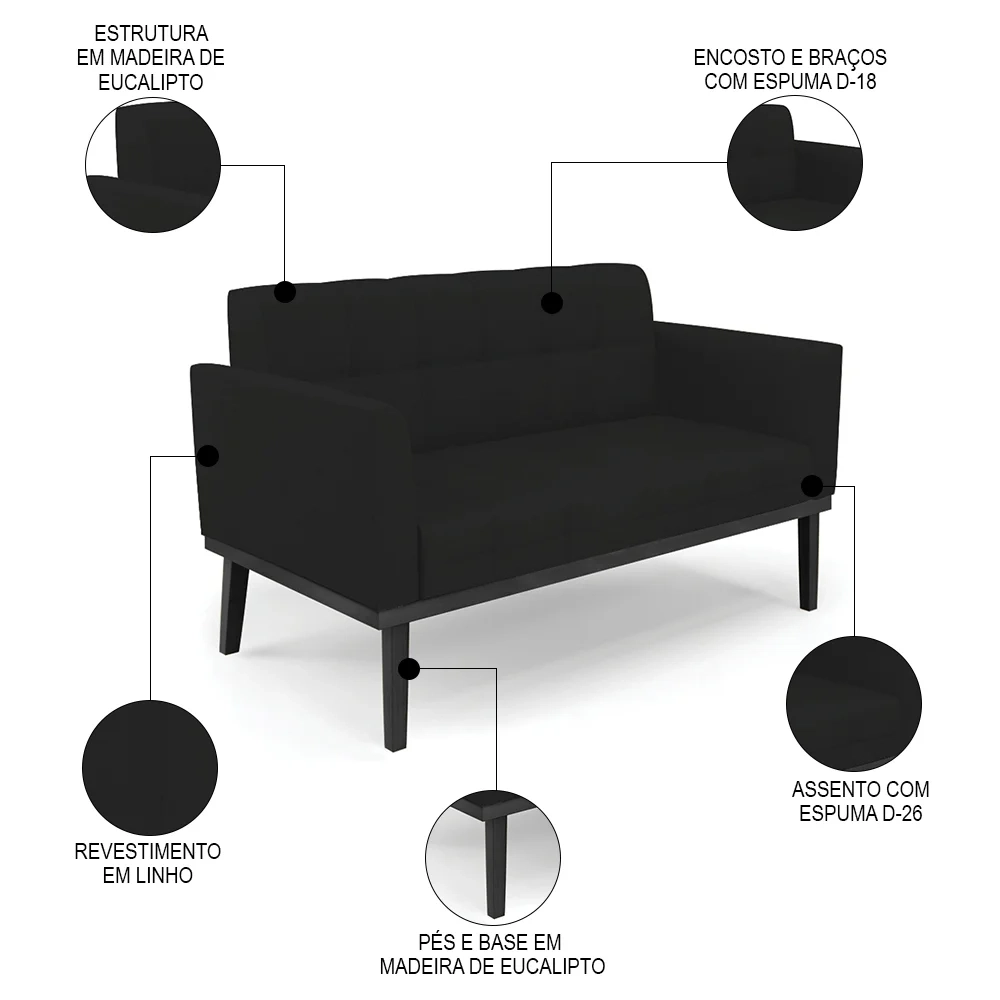 Sofá Namoradeira e 1 Poltrona Base Madeira Preto Ana Linho Preto - Ibiza