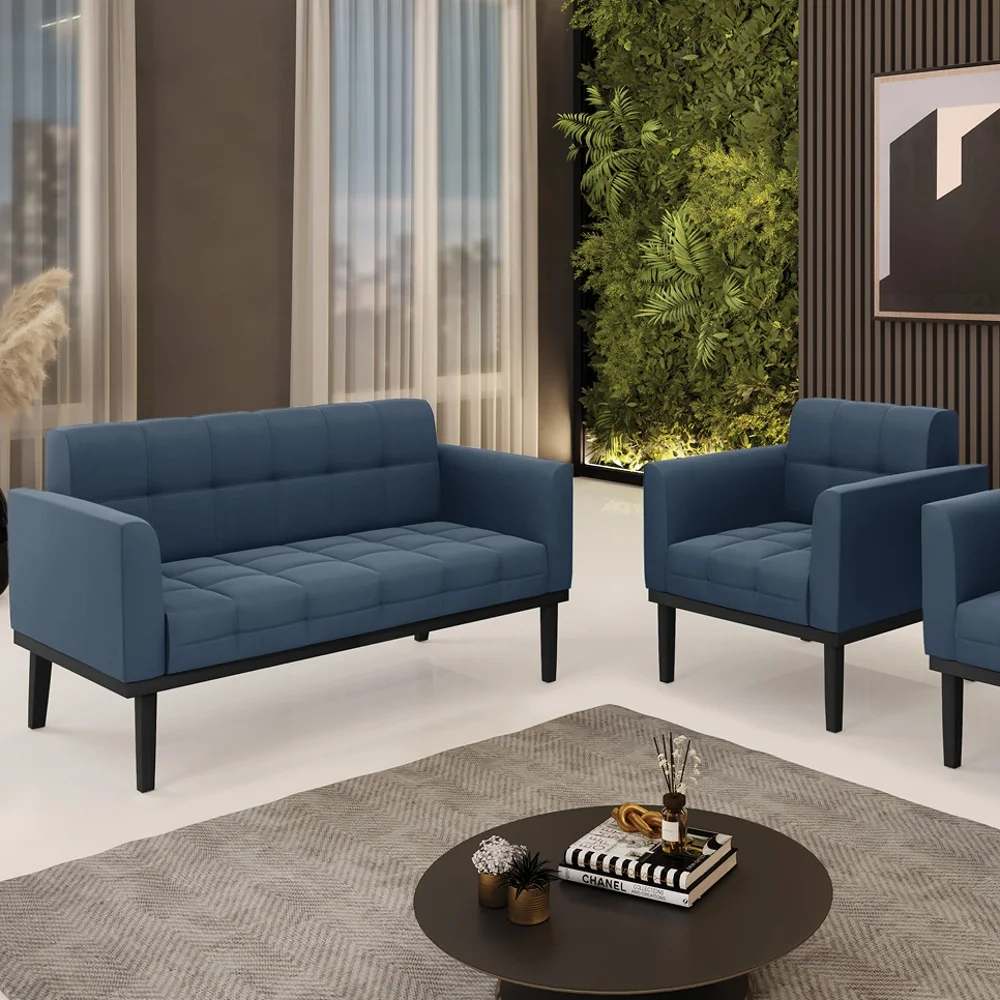 Sofá Namoradeira e 1 Poltrona Base Madeira Preto Ana Suede Azul Marinho - Ibiza