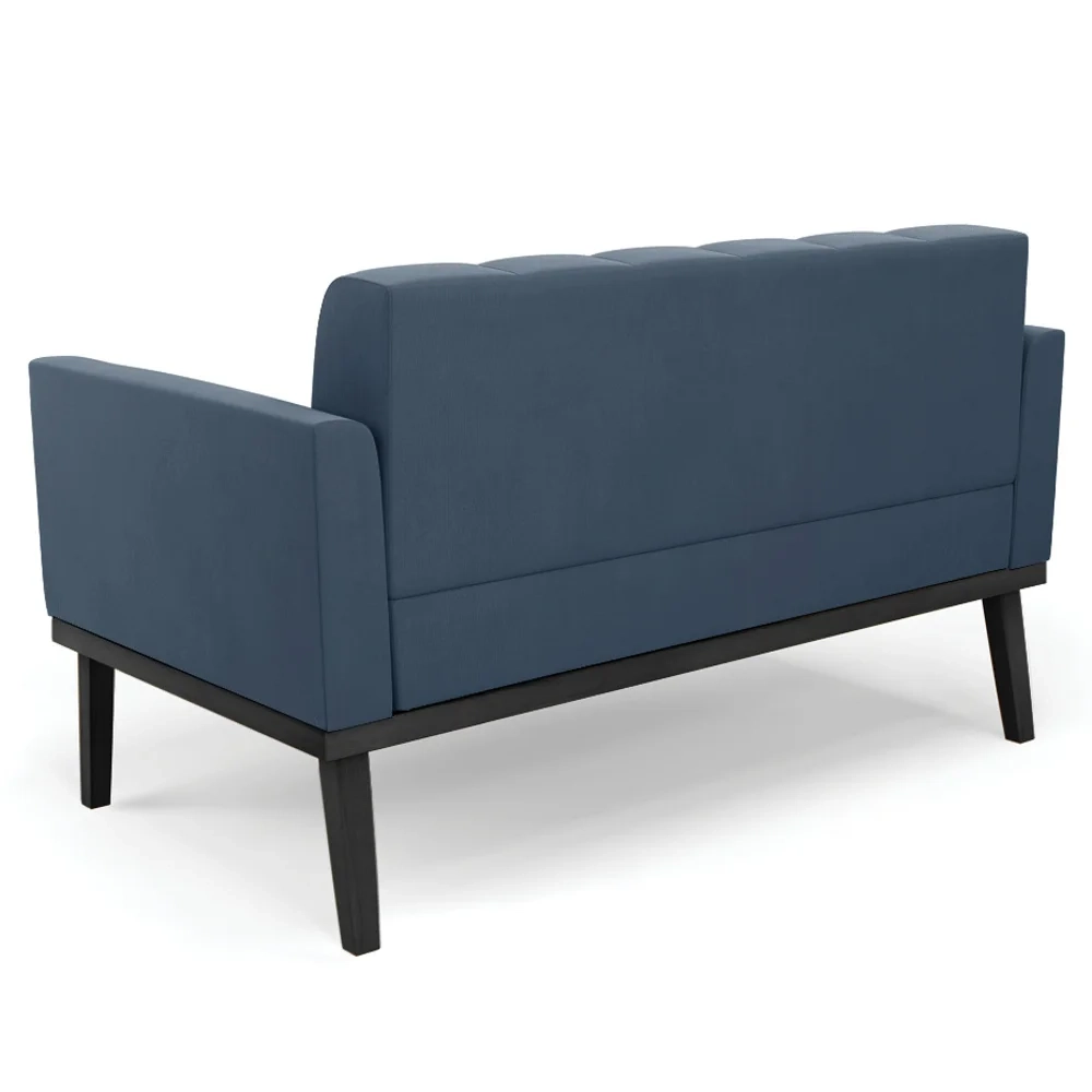 Sofá Namoradeira e 1 Poltrona Base Madeira Preto Ana Suede Azul Marinho - Ibiza