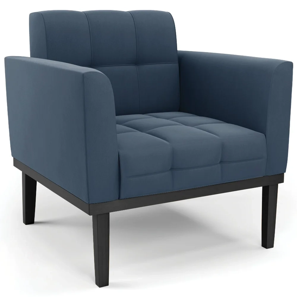 Sofá Namoradeira e 1 Poltrona Base Madeira Preto Ana Suede Azul Marinho - Ibiza