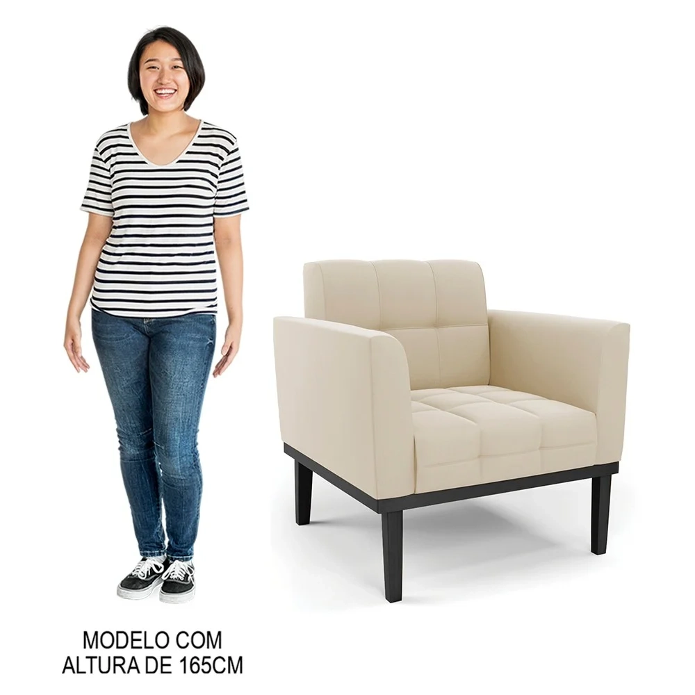 Sofá Namoradeira e 1 Poltrona Base Madeira Preto Ana Suede Bege - Ibiza
