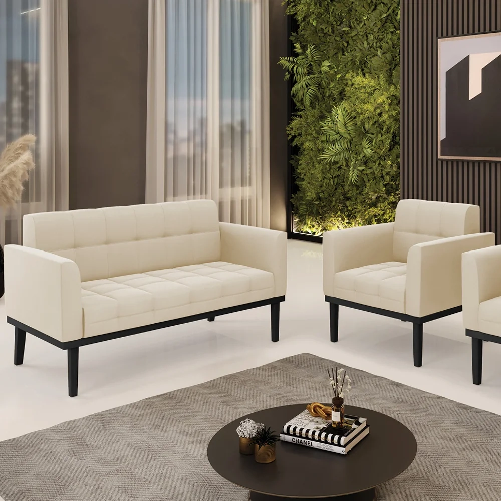 Sofá Namoradeira e 1 Poltrona Base Madeira Preto Ana Suede Bege - Ibiza