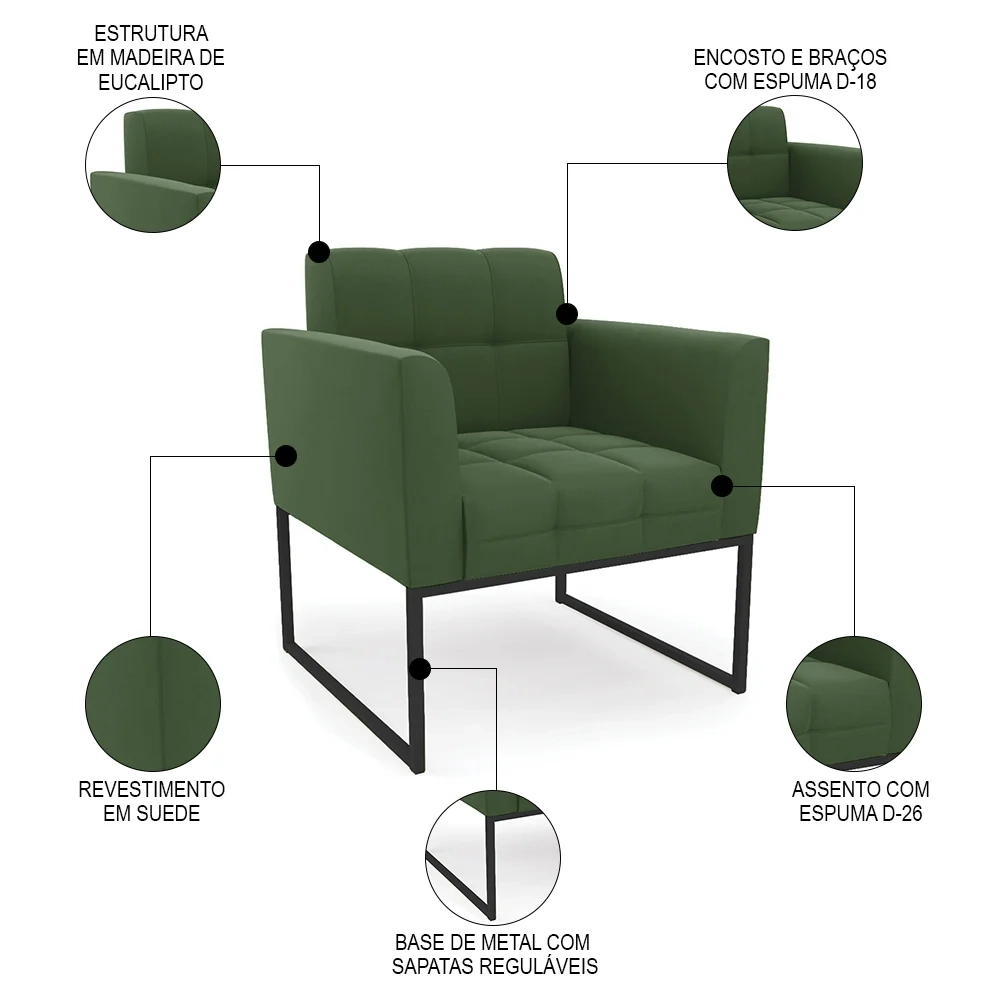 Sofá Namoradeira e 1 Poltrona Base Industrial Preto Ana Suede Verde - Ibiza