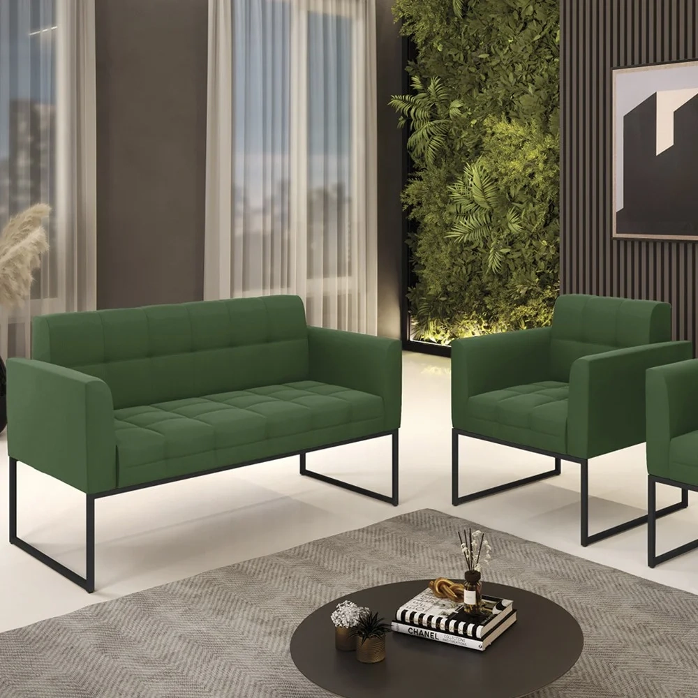 Sofá Namoradeira e 1 Poltrona Base Industrial Preto Ana Suede Verde - Ibiza