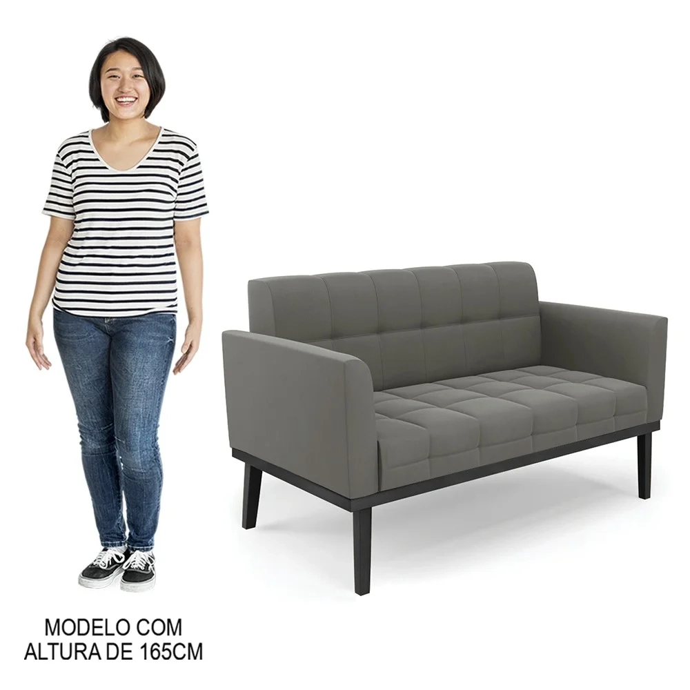 Sofá Namoradeira e 1 Poltrona Base Madeira Preto Ana Suede Grafite - Ibiza