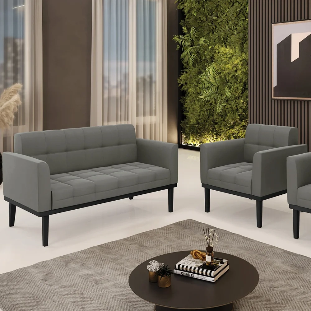 Sofá Namoradeira e 1 Poltrona Base Madeira Preto Ana Suede Grafite - Ibiza