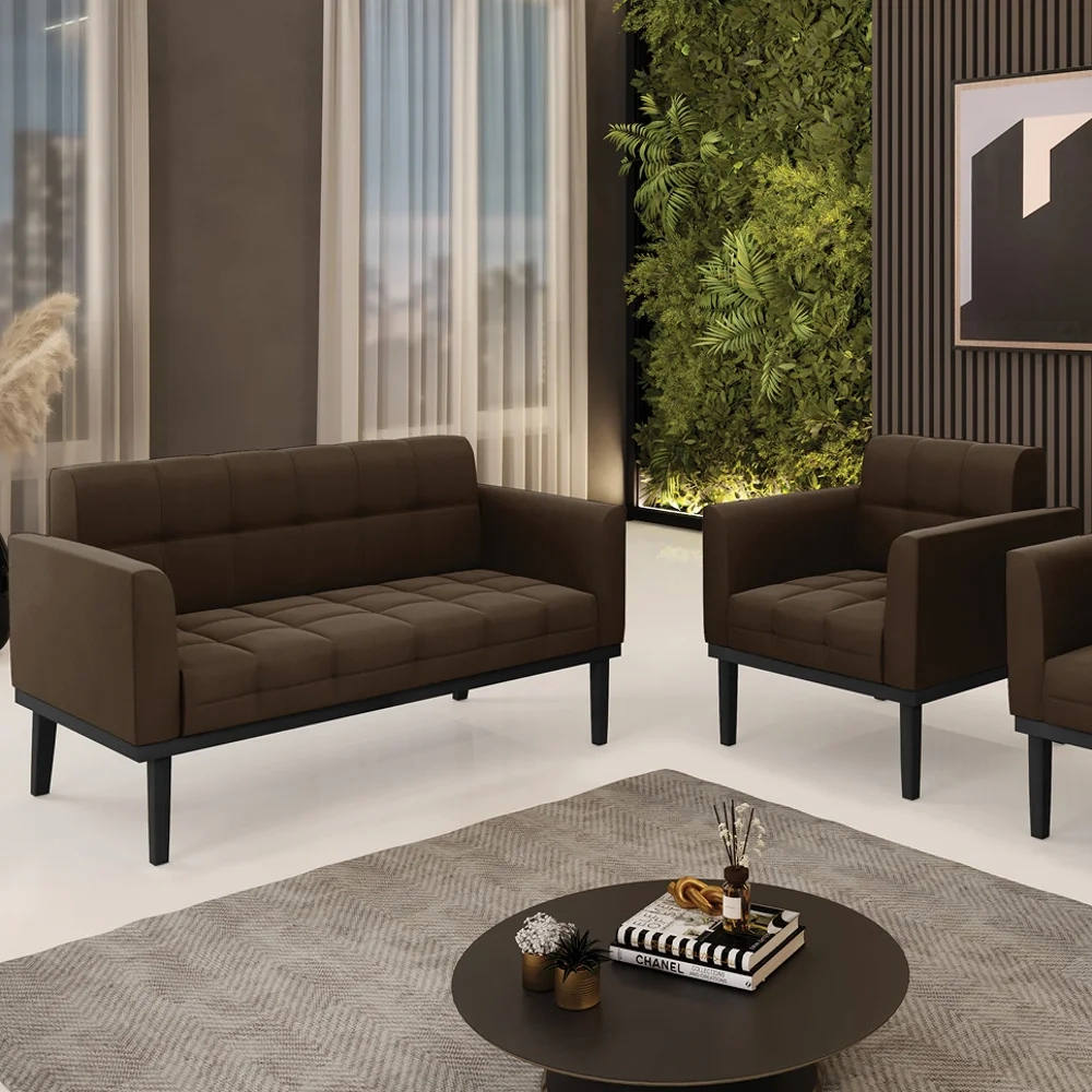 Sofá Namoradeira e 1 Poltrona Base Madeira Preto Ana Suede Marrom - Ibiza