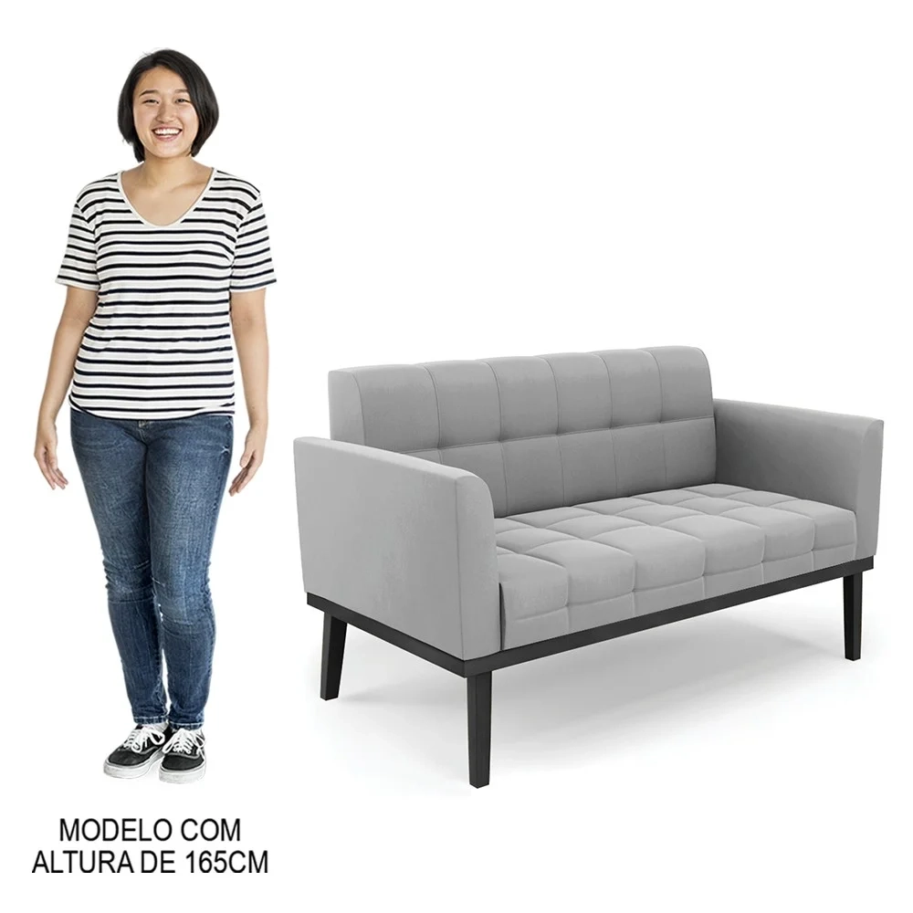 Sofá Namoradeira e 1 Poltrona Base Madeira Preto Ana Suede Cinza - Ibiza